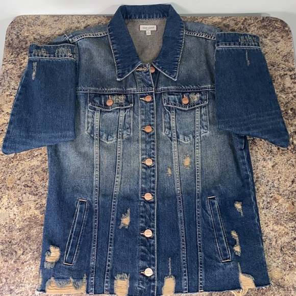 Dear John Elsie Oversized Destructed Frayed Hem 100% Cotton Denim Jacket Size M - Picture 16 of 16